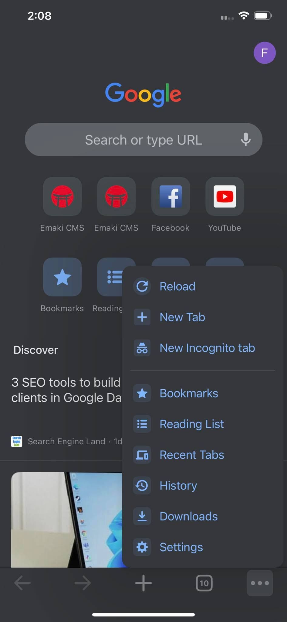 Открытие настроек Chrome на iOS
