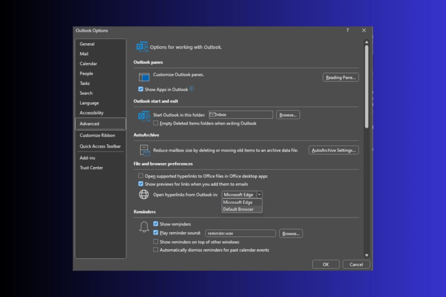Сменить браузер по умолчанию для ссылок Outlook