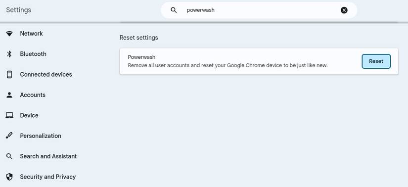 Сброс Chromebook (Powerwash) через приложение «Настройки».