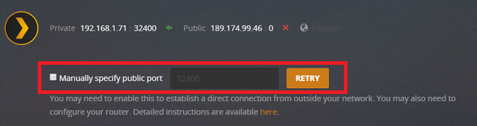Окно ручного указания публичного порта в Plex