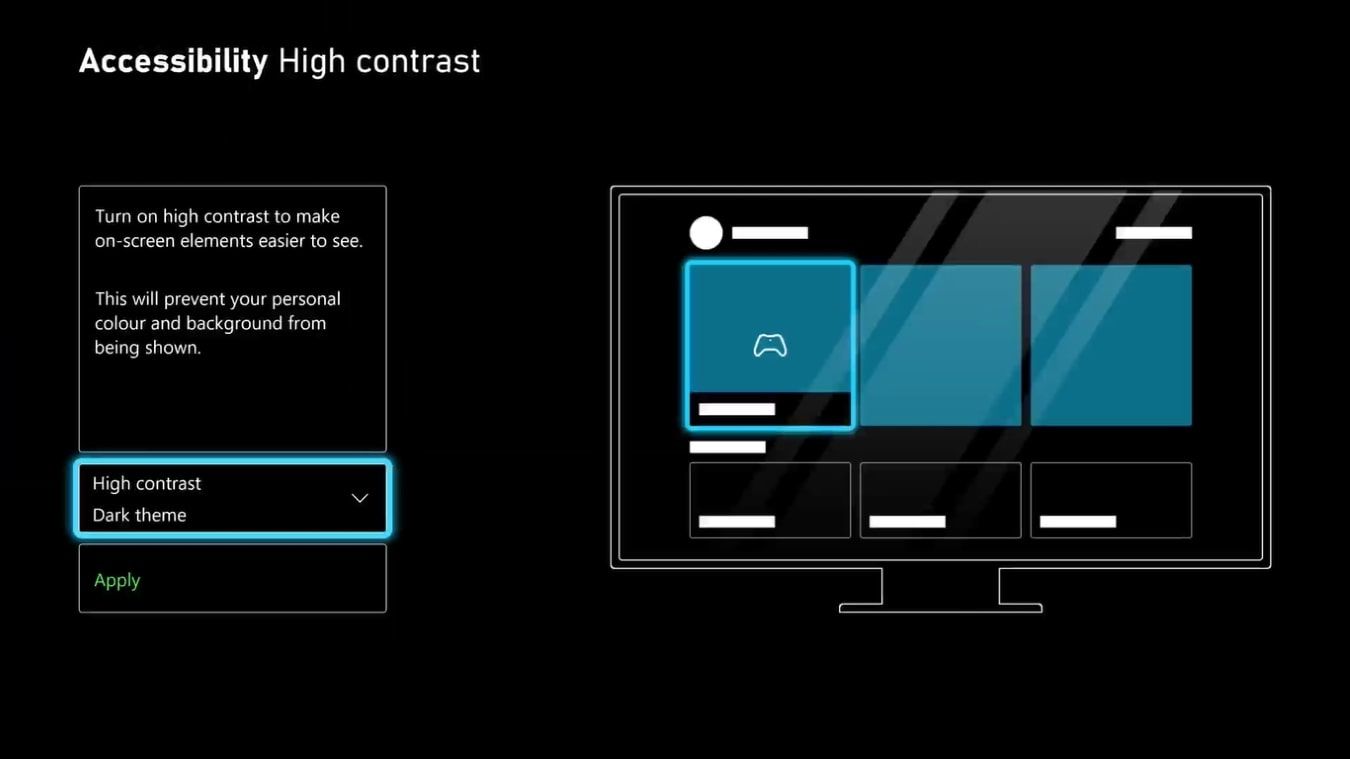 Опция High Contrast: выбран тёмный режим на Xbox