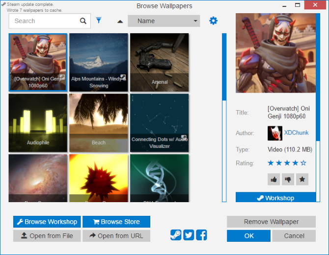 Окно Wallpaper Engine с библиотекой обоев