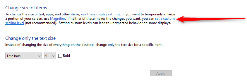 Снимок: ссылка Задать уровень пользовательского масштабирования