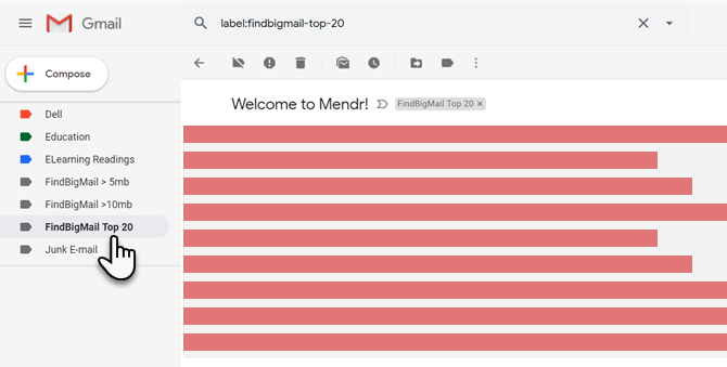 Интерфейс Find Big Mail с сортировкой писем по размерам