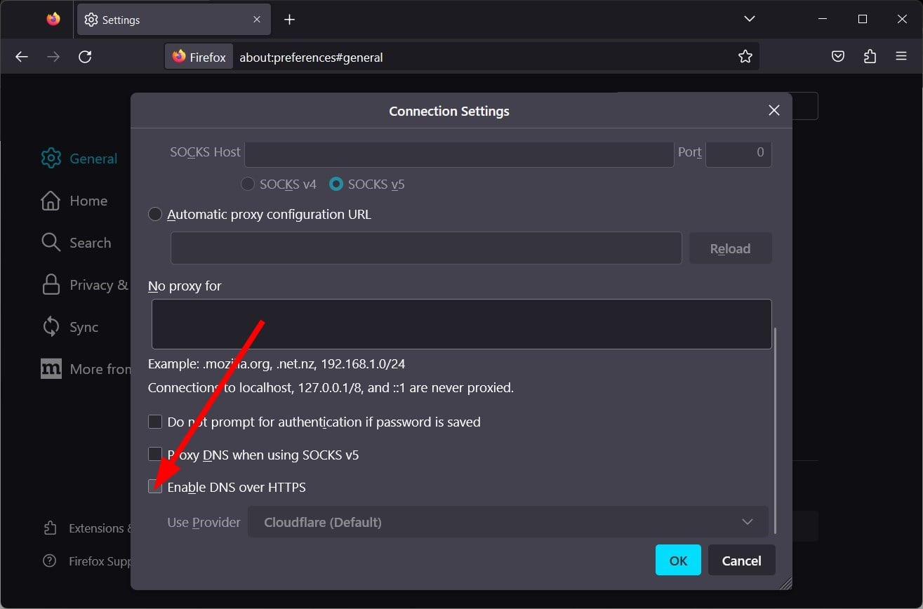 Опция DNS через HTTPS в настройках Firefox