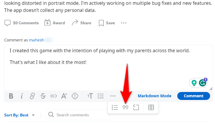 Выберите опцию цитаты.