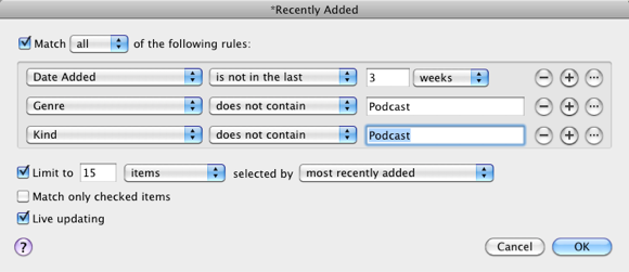 Правила Smart Playlist для недавно добавленных треков
