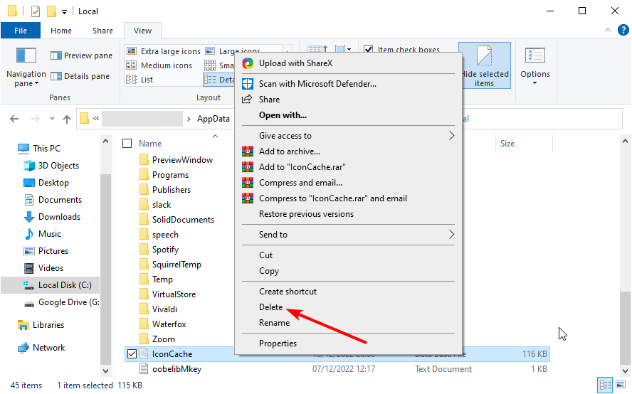 Удаление IconCache.db из папки Local