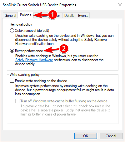 Свойства устройства: вкладка Политики для смены режима извлечения