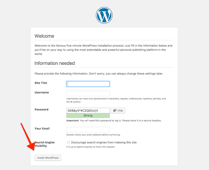 Форма создания учётной записи WordPress
