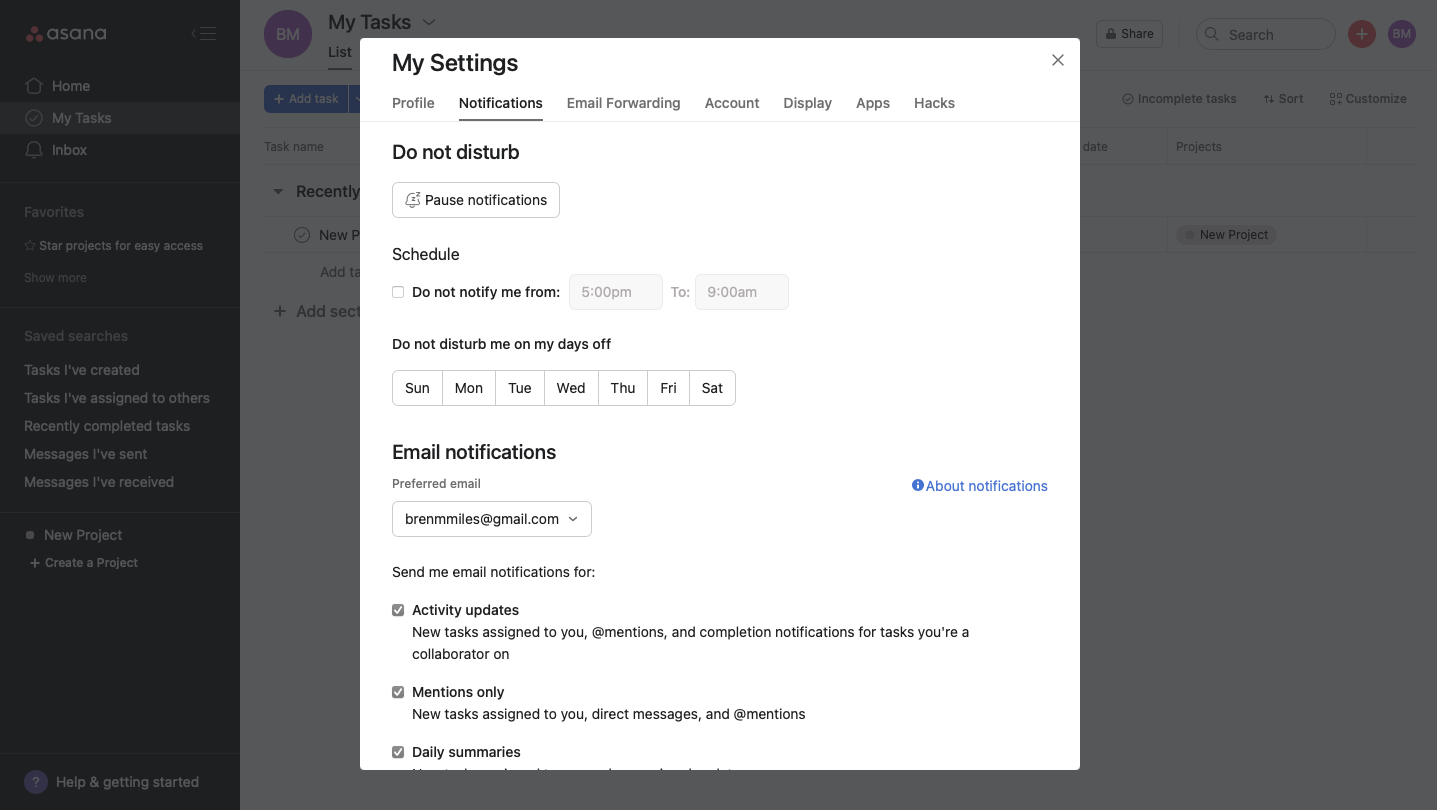 Экран с настройками отображения и уведомлений в Asana