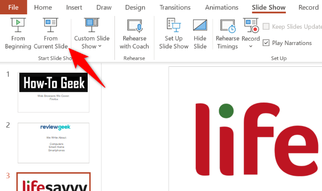 Выберите «С текущего слайда» вверху.