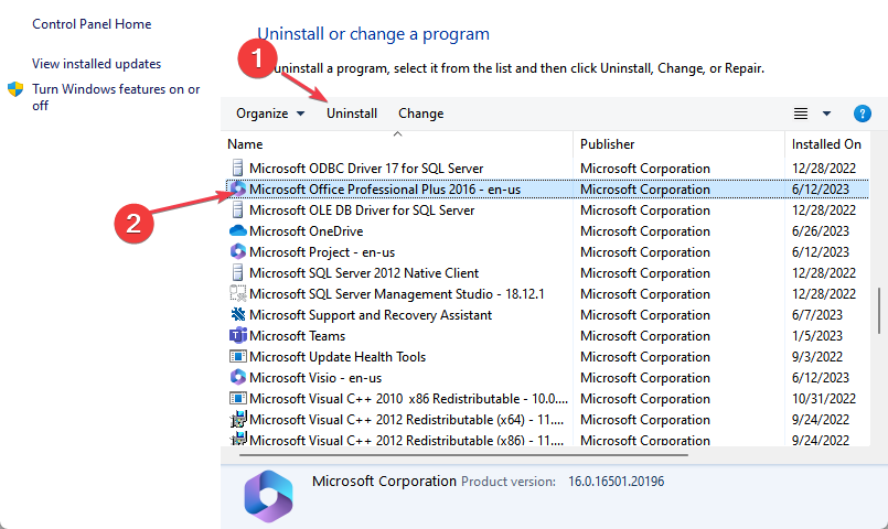 Список установленных Microsoft Office в Панели управления