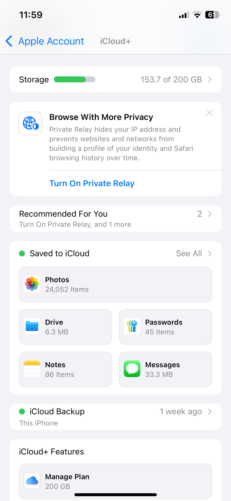 iCloud settings menu on iPhone