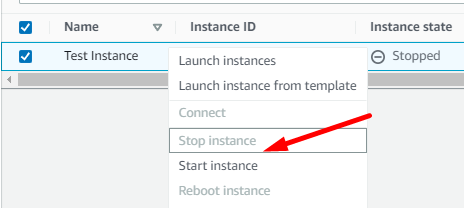 Панель управления EC2: кнопки остановить/запустить Spot‑инстанс