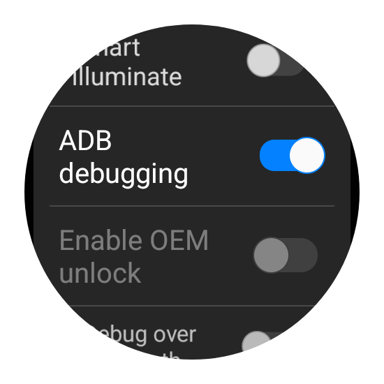 Переключатель ADB Debugging включён в Wear OS