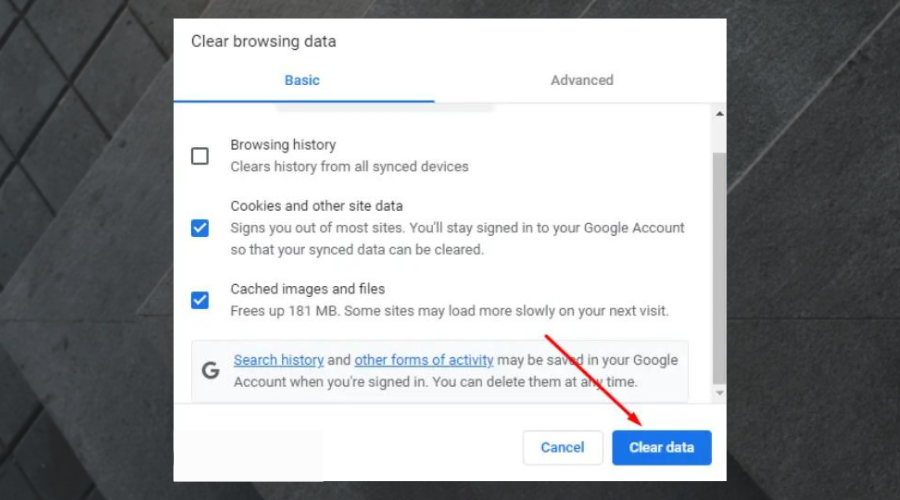 Кнопка Clear data в браузере