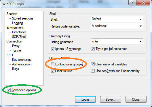 Отключение параметра Lookup user groups в winSCP