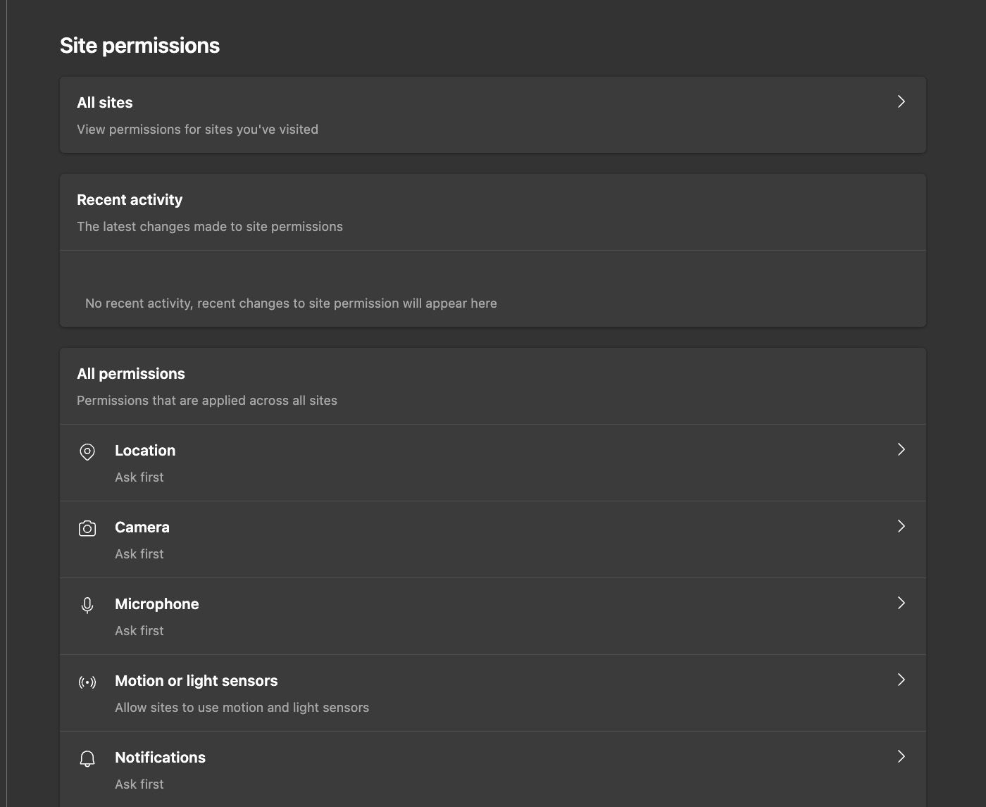 Настройки разрешений сайтов в Edge