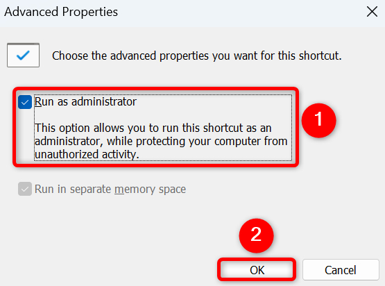 Свойства ярлыка с включённой опцией 'Запуск от имени администратора'.