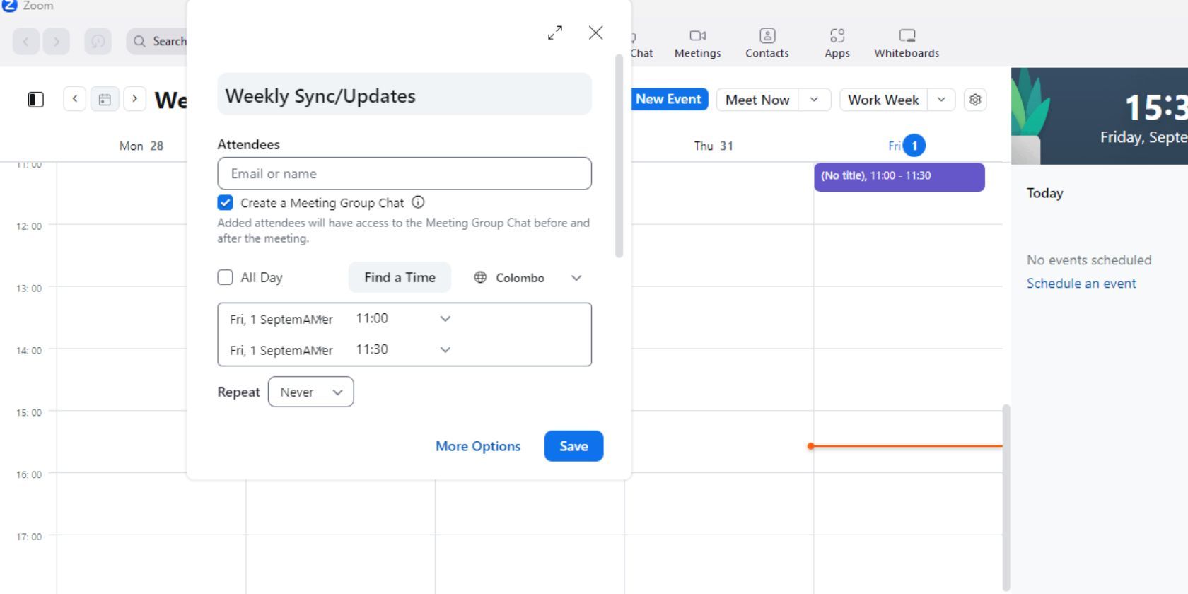 Screenshot of Zoom showing the New Event popup