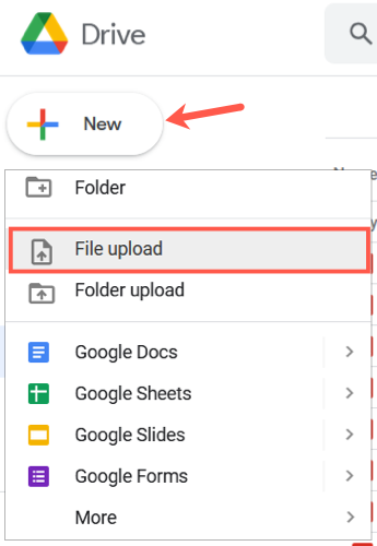 Нажмите Создать, затем Загрузка файла в Google Drive.