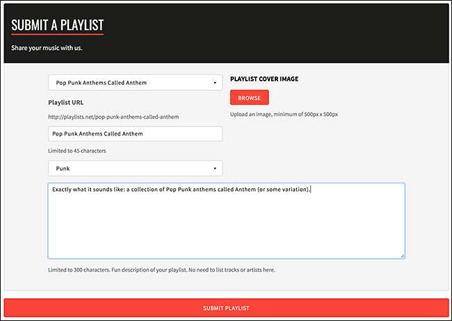 Форма создания записи плейлиста: заголовок, жанр, изображение