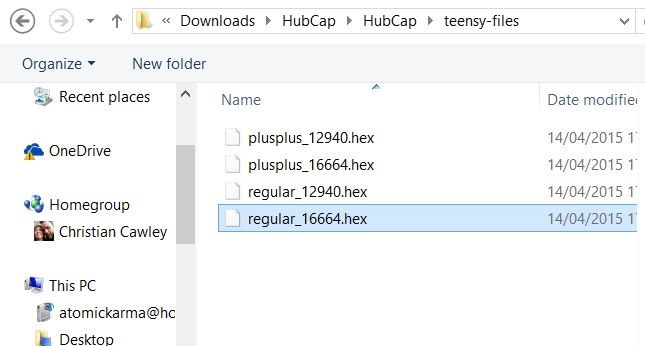 Содержимое папки teensy-files с четырьмя файлами HEX
