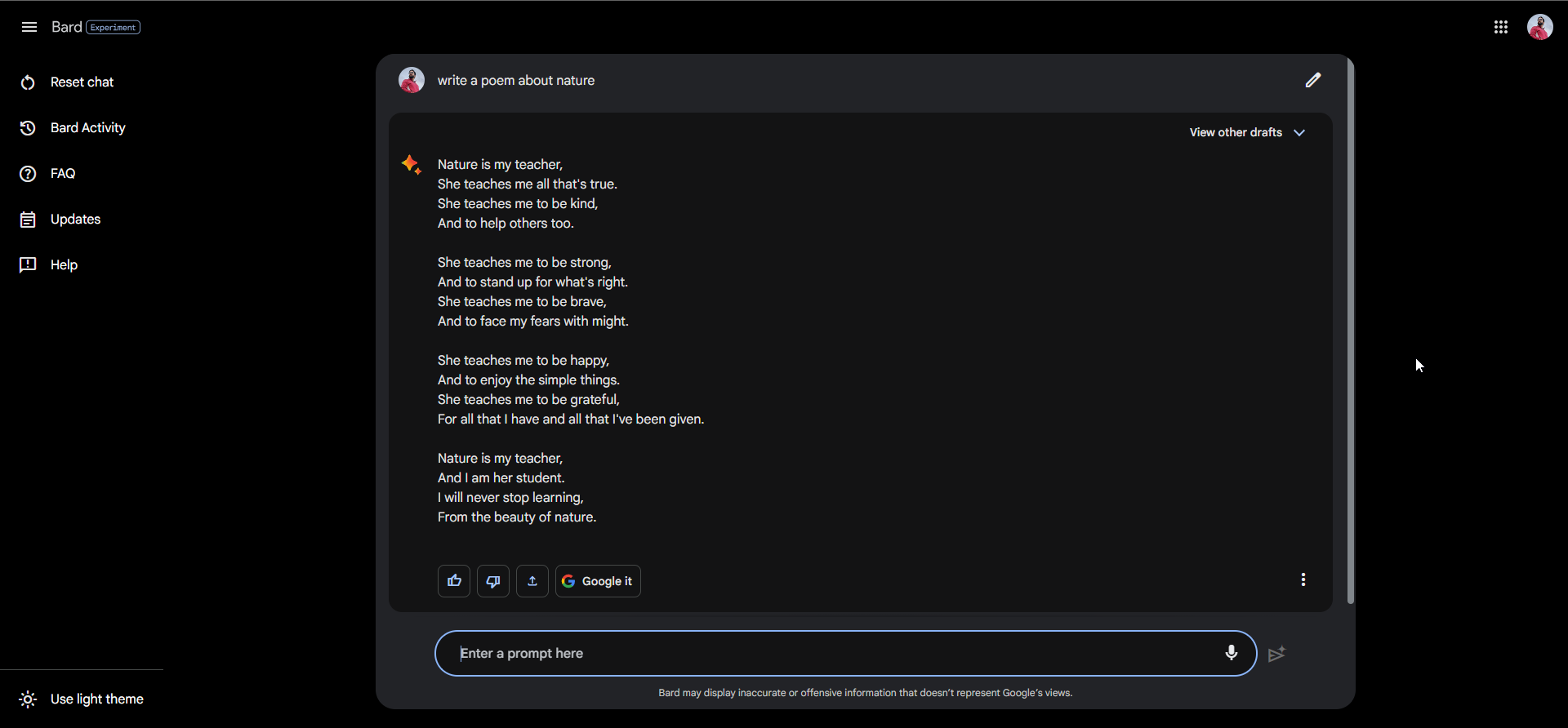 Пример стихотворения, сгенерированного Bard про природу