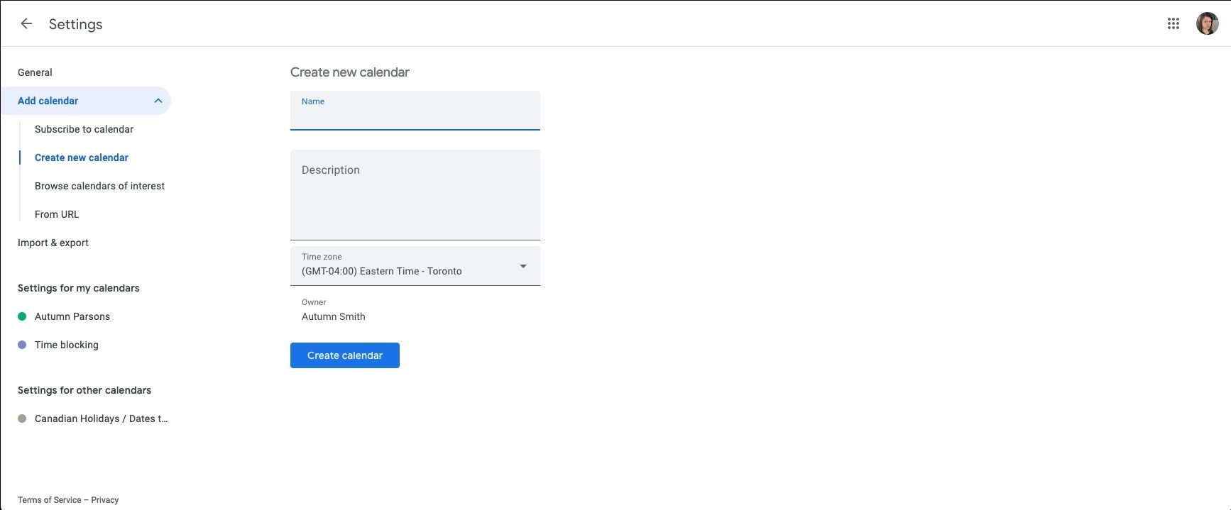 Меню настроек календаря в Google Календаре