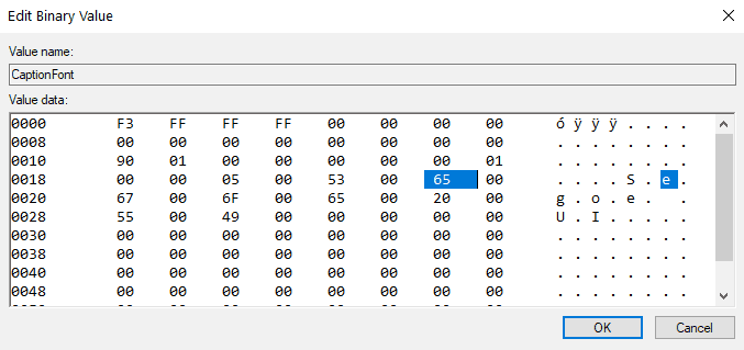 Окно со значением ключа шрифта