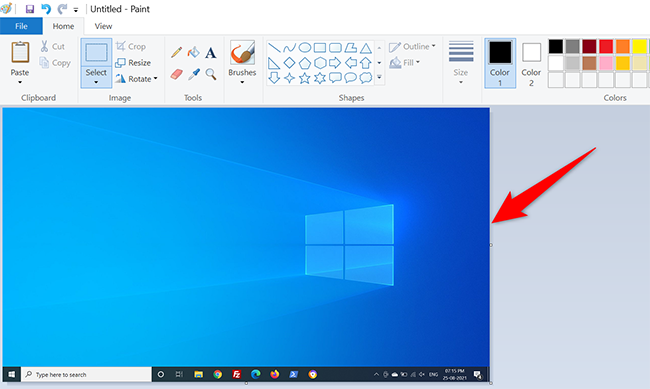 Полноэкранный снимок, вставленный в Paint на ноутбуке Dell