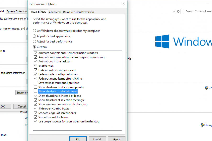 Отключить тени окон в Windows 10