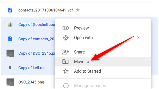 Изображение: команда «Переместить в» в контекстном меню Google Drive