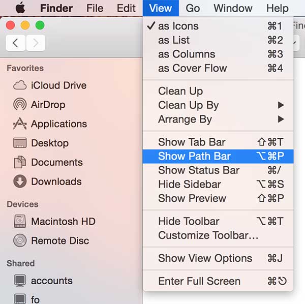 Показать путь папки в Finder на Mac