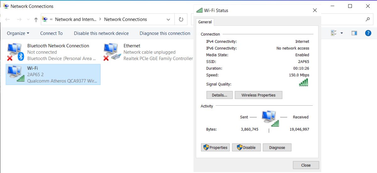 Окно сетевых подключений с показателем длительности соединения
