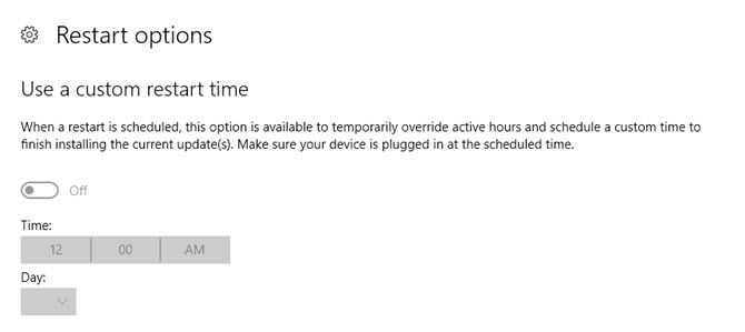 Параметры перезапуска и планирования перезагрузки после установки обновлений