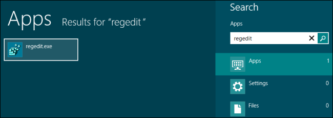 Скриншот: запуск редактора реестра в Windows 8