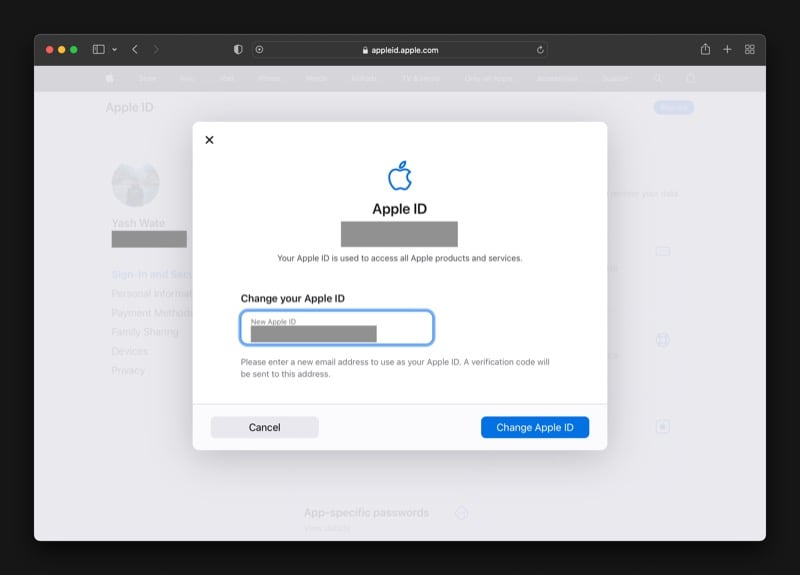 Подтверждение изменения Apple ID