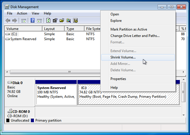Уменьшить размер раздела Windows, чтобы освободить место для Windows 10