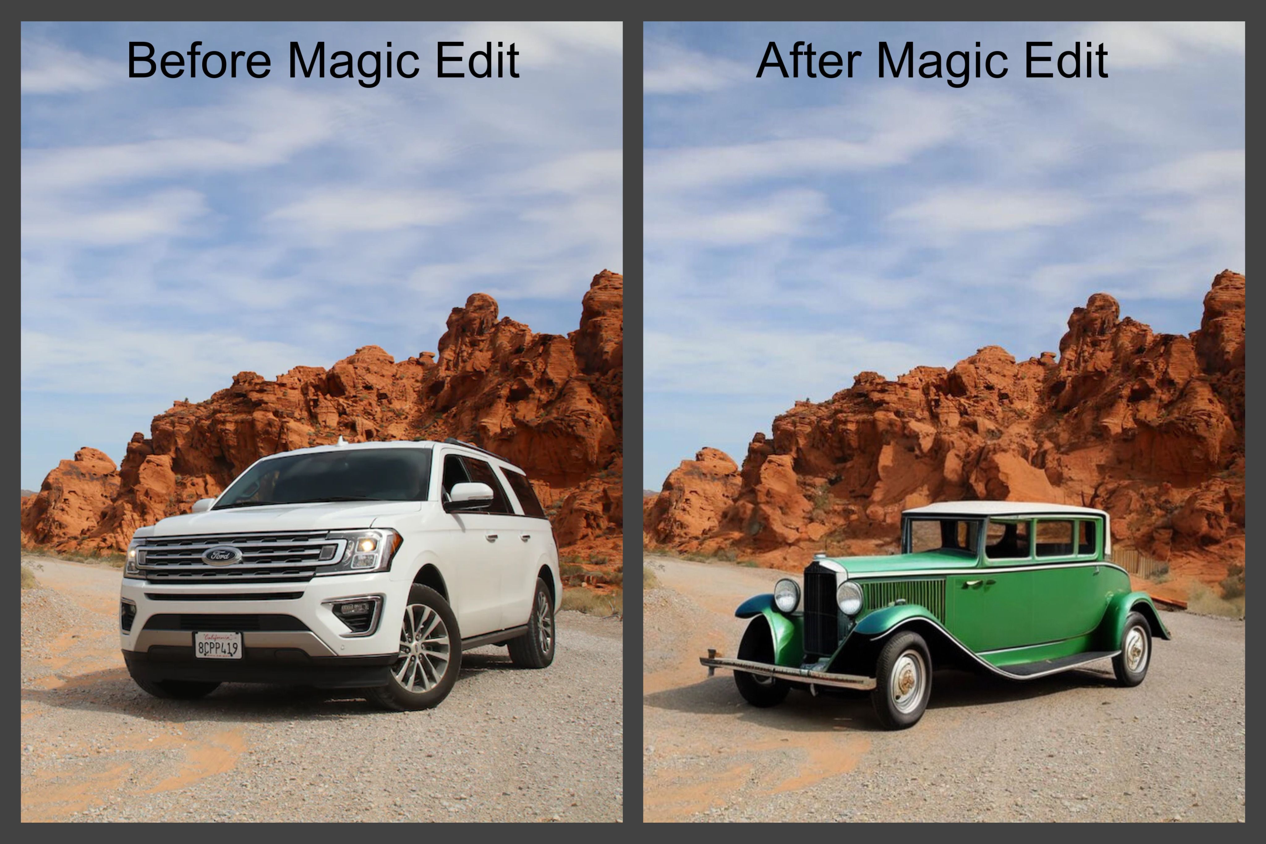 Современный белый Ford рядом с зелёным винтажным автомобилем