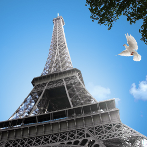 Париж: силуэт города с Эйфелевой башней и заходящим солнцем