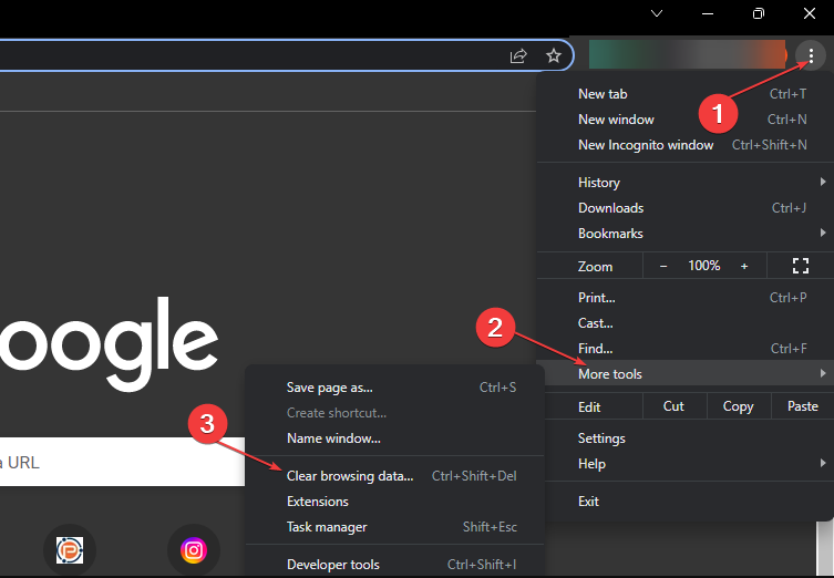 Меню 'Дополнительные инструменты' и очистка данных в Chrome