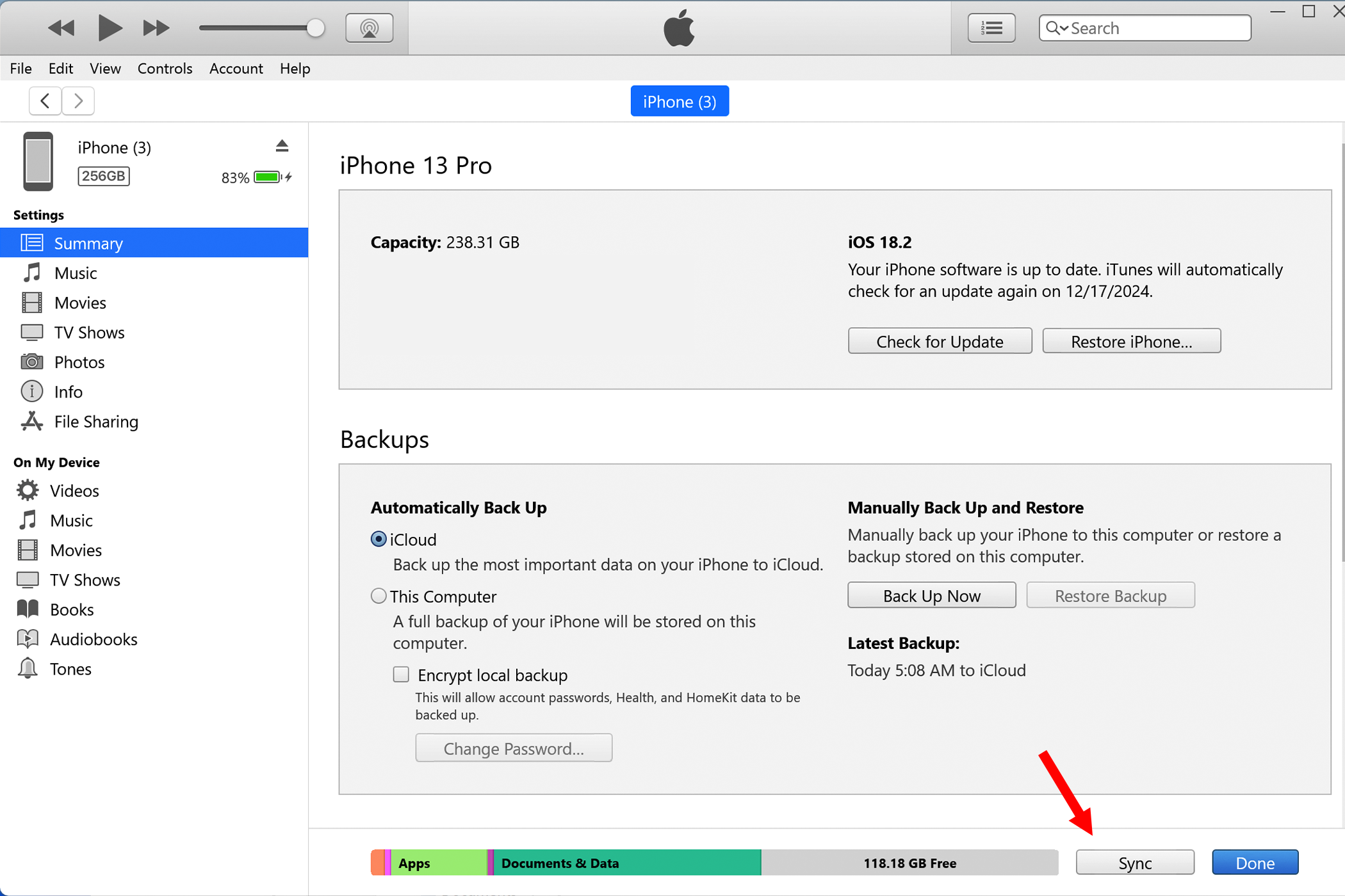 Нажатие кнопки Синхронизировать в iTunes.