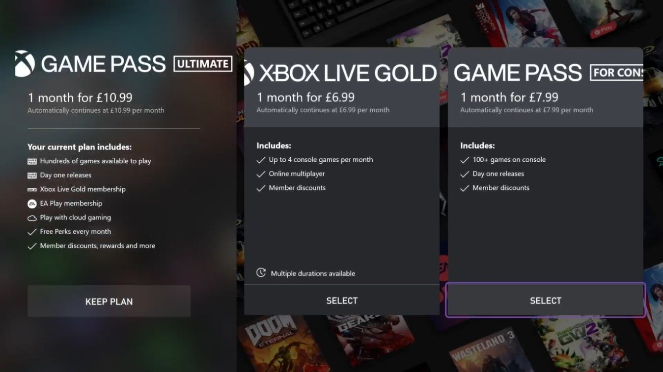 Скриншот списка планов Xbox Game Pass на Xbox с выделением «Выбрать»