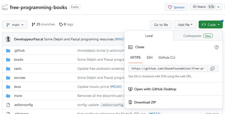 accessing the code panel to clone a github repository
