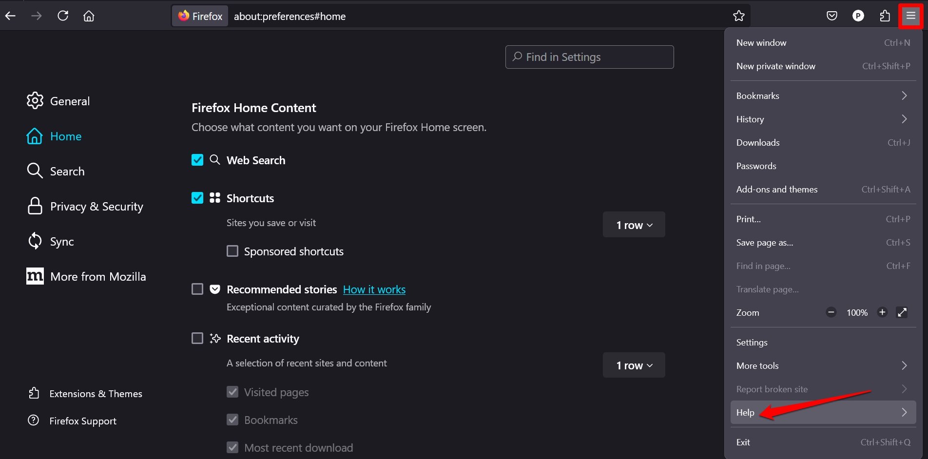 Menu di aiuto di Firefox