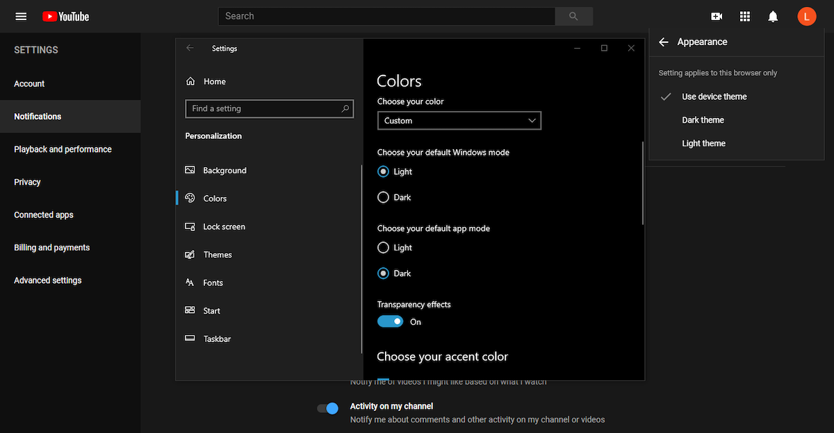 Windows: тёмная тема YouTube в настройках