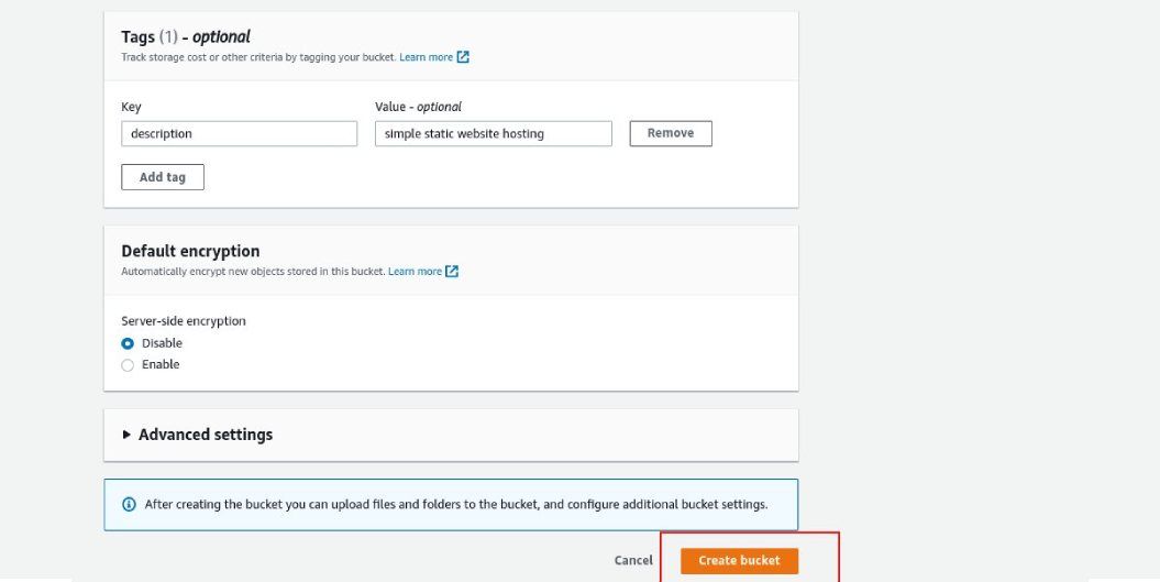 Последняя секция экрана конфигурации бакета с тегами, шифрованием и кнопкой создания