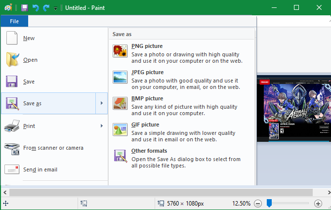 Сохранение файла в Paint: диалог выбора формата PNG или JPEG